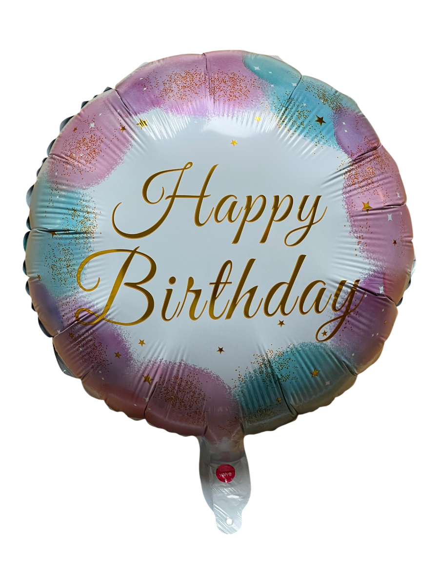 Happy Birthday Kulatý Fóliový Balónek Bílo Růžovo Modrý